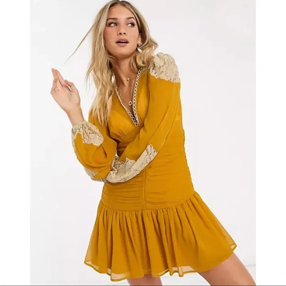 ASOS Mustard Yellow Saffron Chiffon Boho Lace Crochet Ruched Mini Dress - Picture 3 of 13